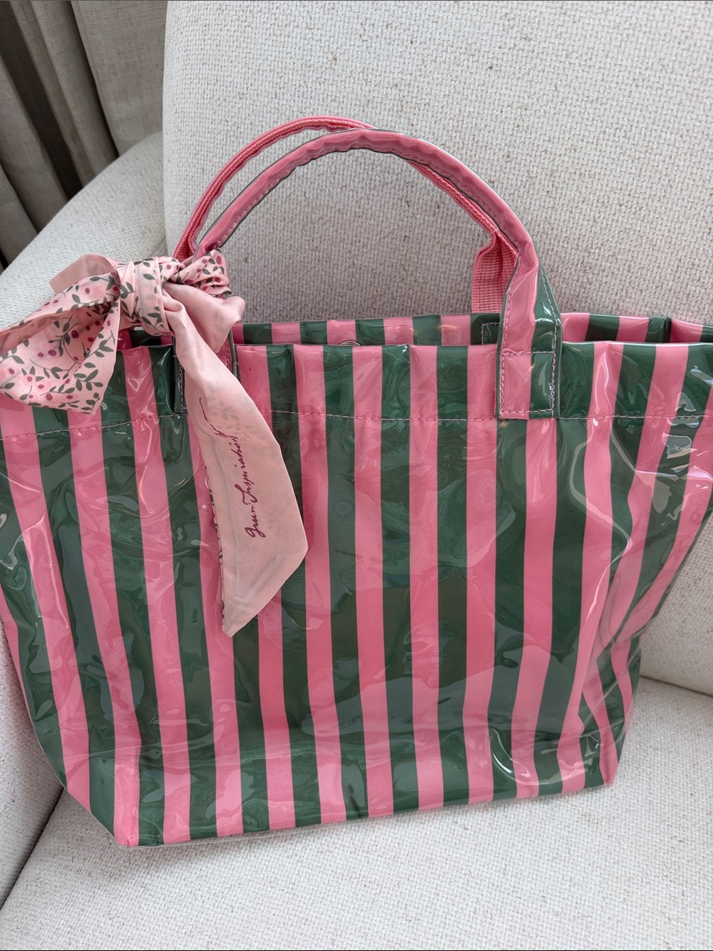 Striped Pink and Green Tote Bag with Scarf Accent